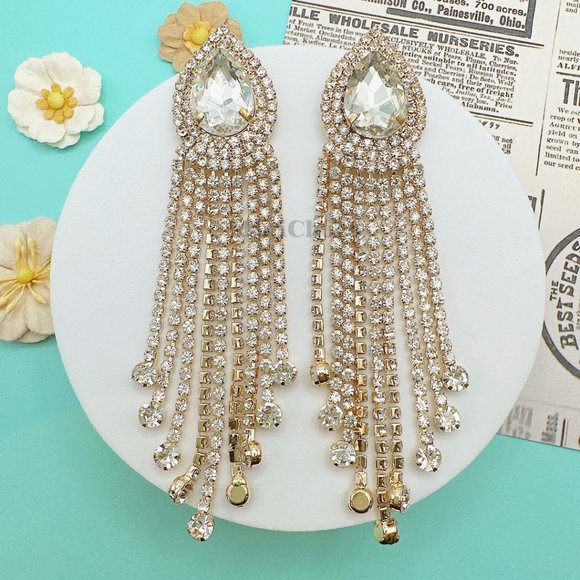 Gold Tone Rhinestone Pear Shape Button Fringe Drop Earrings - Picture 4 of 6
